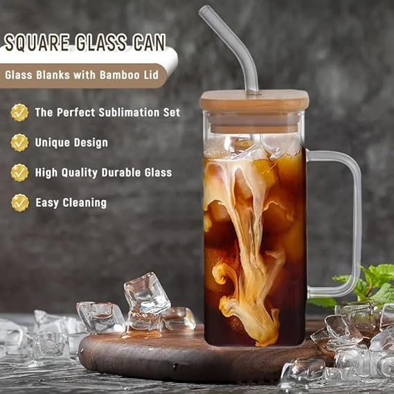 Honeybee 320ML Borosilicate Square Glasses With Bamboo Lid, Straw Set of 2