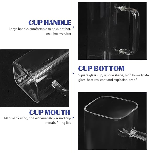 Honeybee 320ML Borosilicate Square Glasses With Bamboo Lid, Straw Set of 2