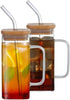 Honeybee 320ML Borosilicate Square Glasses With Bamboo Lid, Straw Set of 2