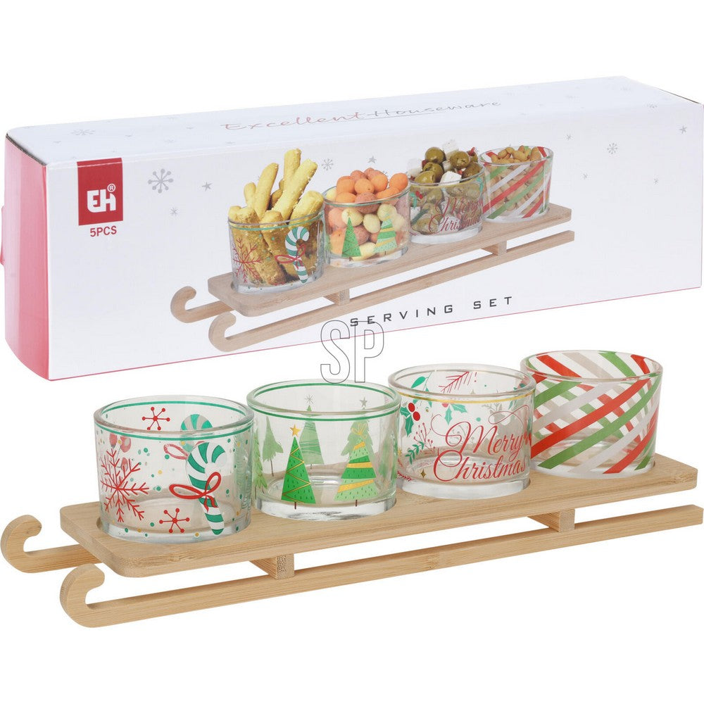 Koopman 5-Piece Serving Set on Sled – Christmas Holiday Tableware, Festive Seasonal Plates & Bowls, Xmas Kitchen & Dining Decor, Holiday Entertaining, Assorted Colors