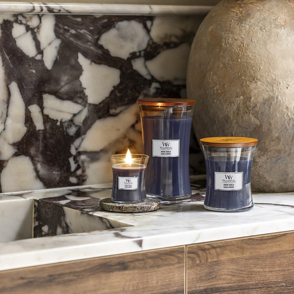 Woodwick Large Hourglass Candle Hinoki Dahlia