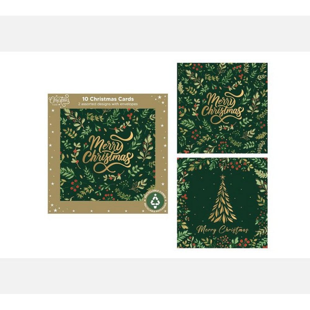 RSW 10 Pack Green Foliage and Tree Christmas Greeting Cards – Holiday Season Cards for Seasonal Gifts, Festive Home Décor, and Warm Christmas Wishes