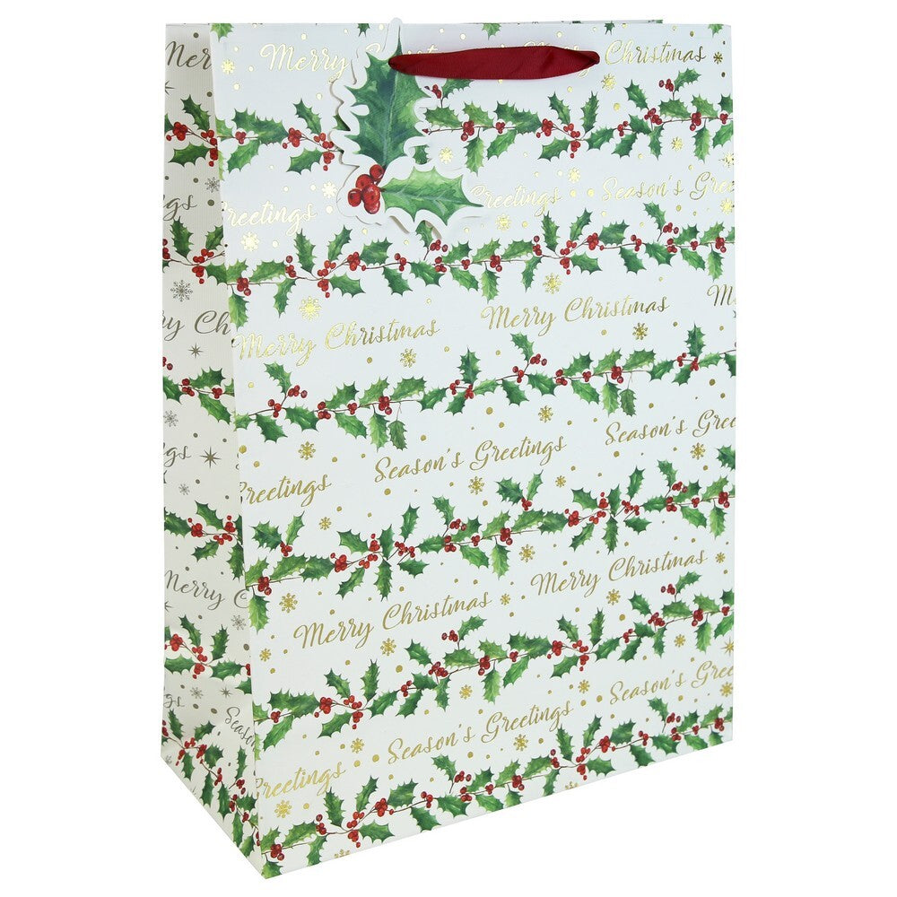 Eurowrap Holly Text White Kraft Bag – Christmas and Holiday Gift Bag, Festive Packaging, Seasonal Present Holder, Holiday Celebration, and Perfect Christmas Gifting Essentials - Size XL