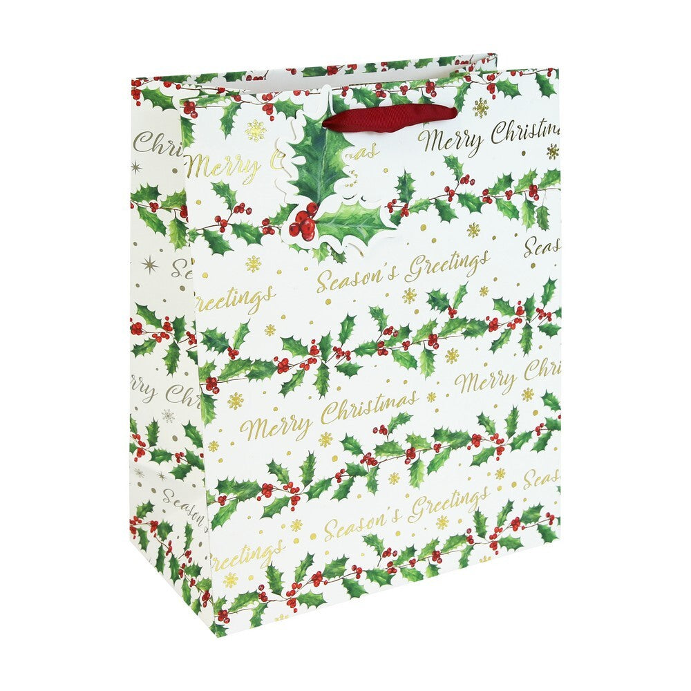 Eurowrap Holly Text White Kraft Bag – Christmas and Holiday Gift Bag, Festive Packaging, Seasonal Present Holder, Holiday Celebration, and Perfect Christmas Gifting Essentials - Size LARGE