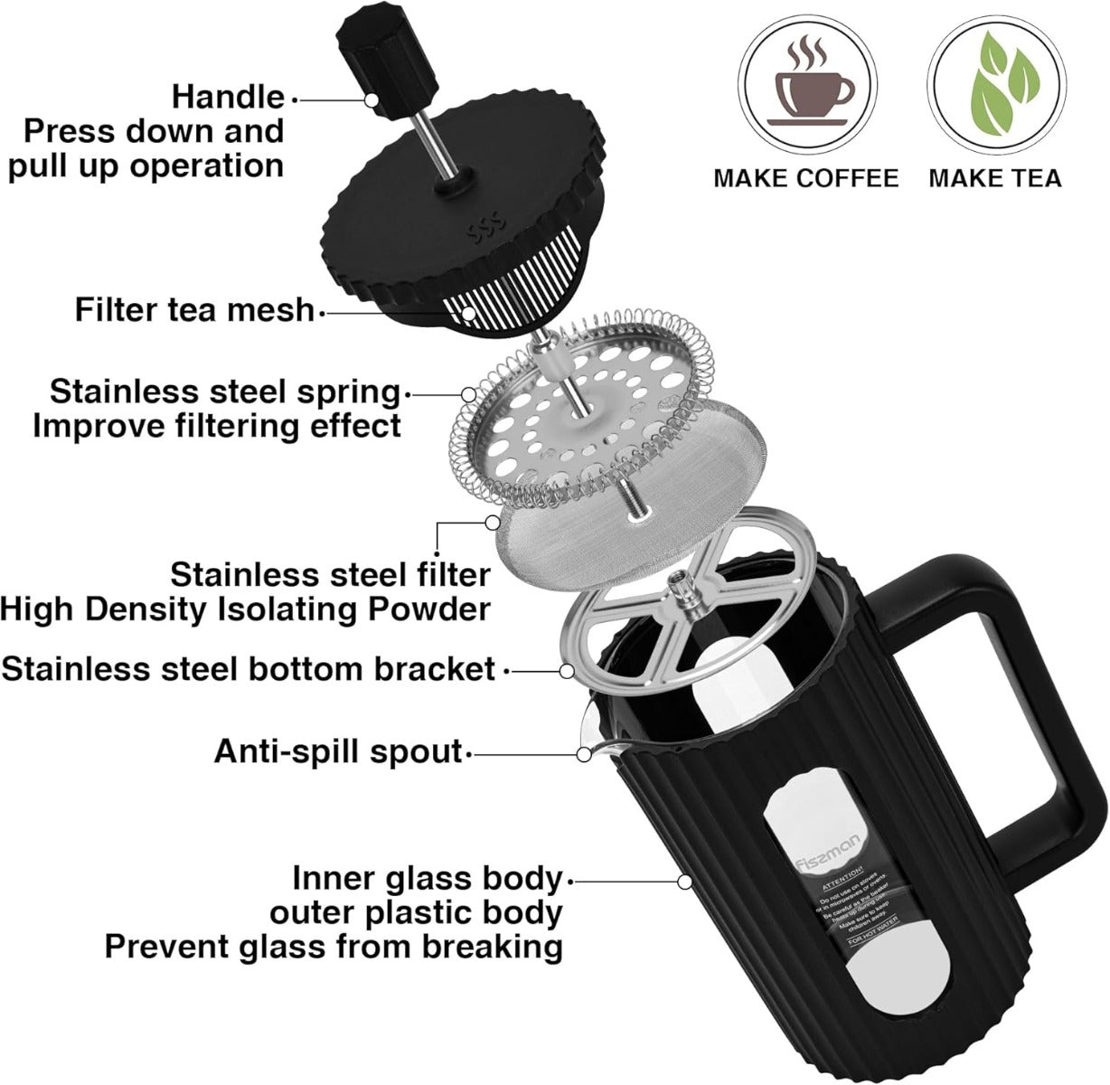 Fissman French Press Coffee and Tea Maker 600ML Heat Resistant Borosilicate Glass Stainless Steel