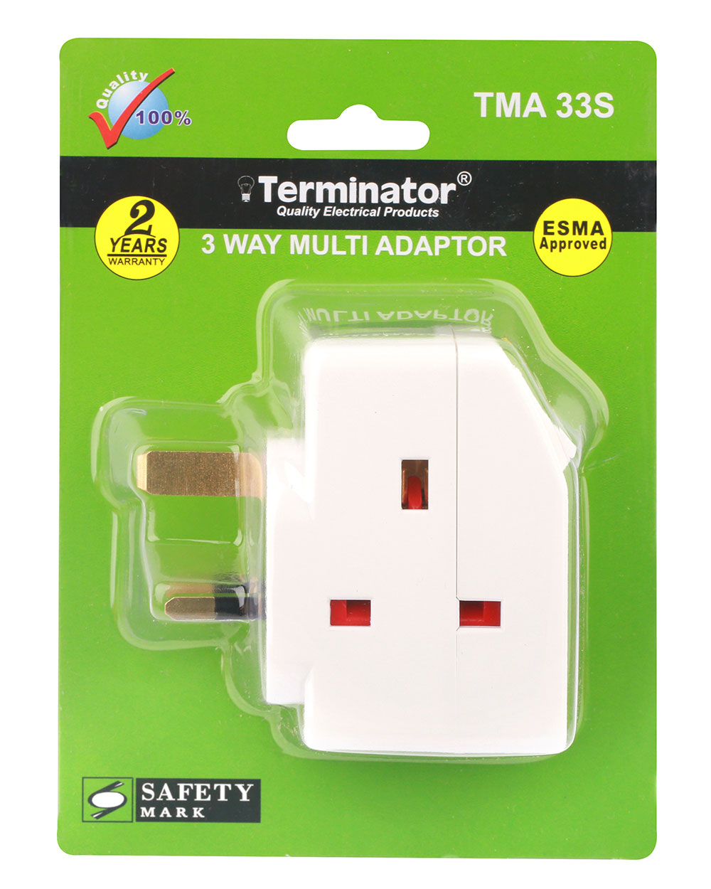 Terminator brand 3 Way UK Socket Multi Adaptor With Individual Switches With 2 Pin