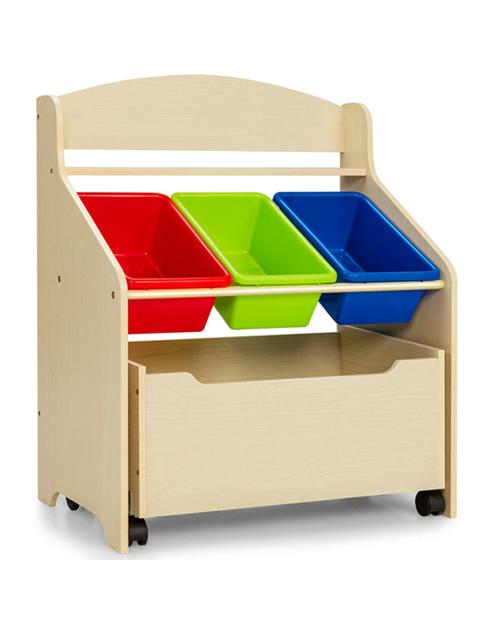 Cost Way Kids Wooden Toy Storage Unit Organizer with Rolling Toy Box and Plastic Bins