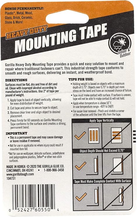 Gorilla Heavy Duty Mounting Tape 1In X 60.In ( 5Ft )