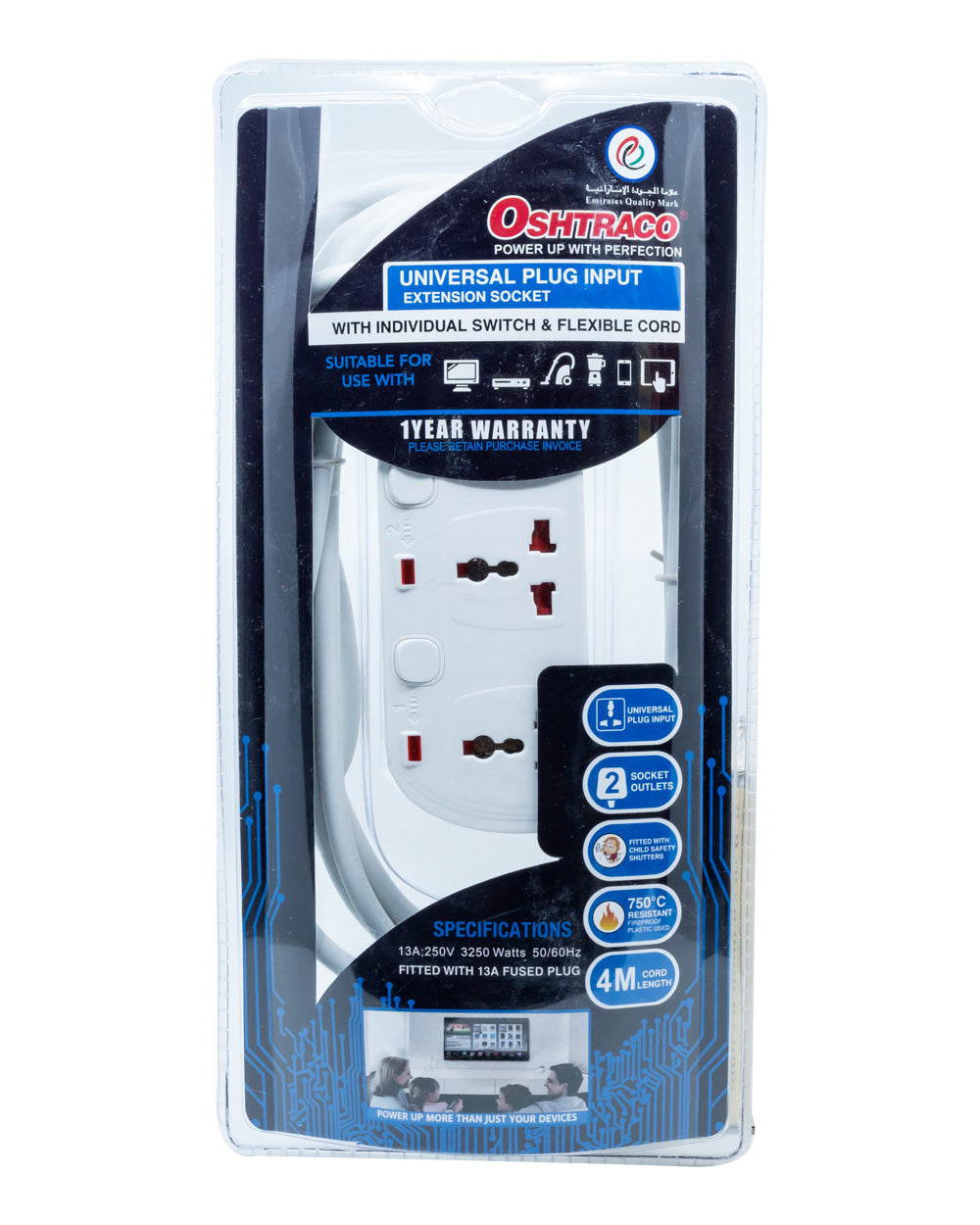 Oshtraco 4 Way Universal Extension Socket 4 Metre