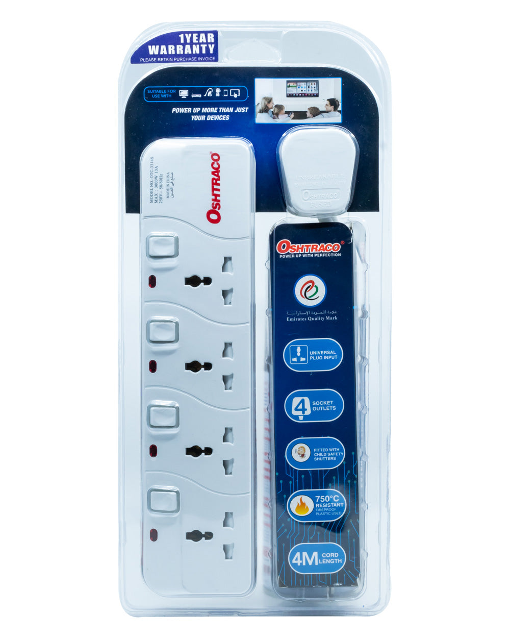 Oshtraco 4 Way Universal Extension Socket 4 Metre