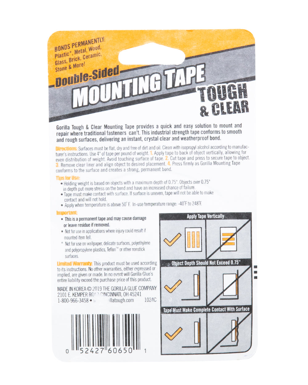 Gorilla Double Side Mounting Tape Tough & Clear 1" X 60"