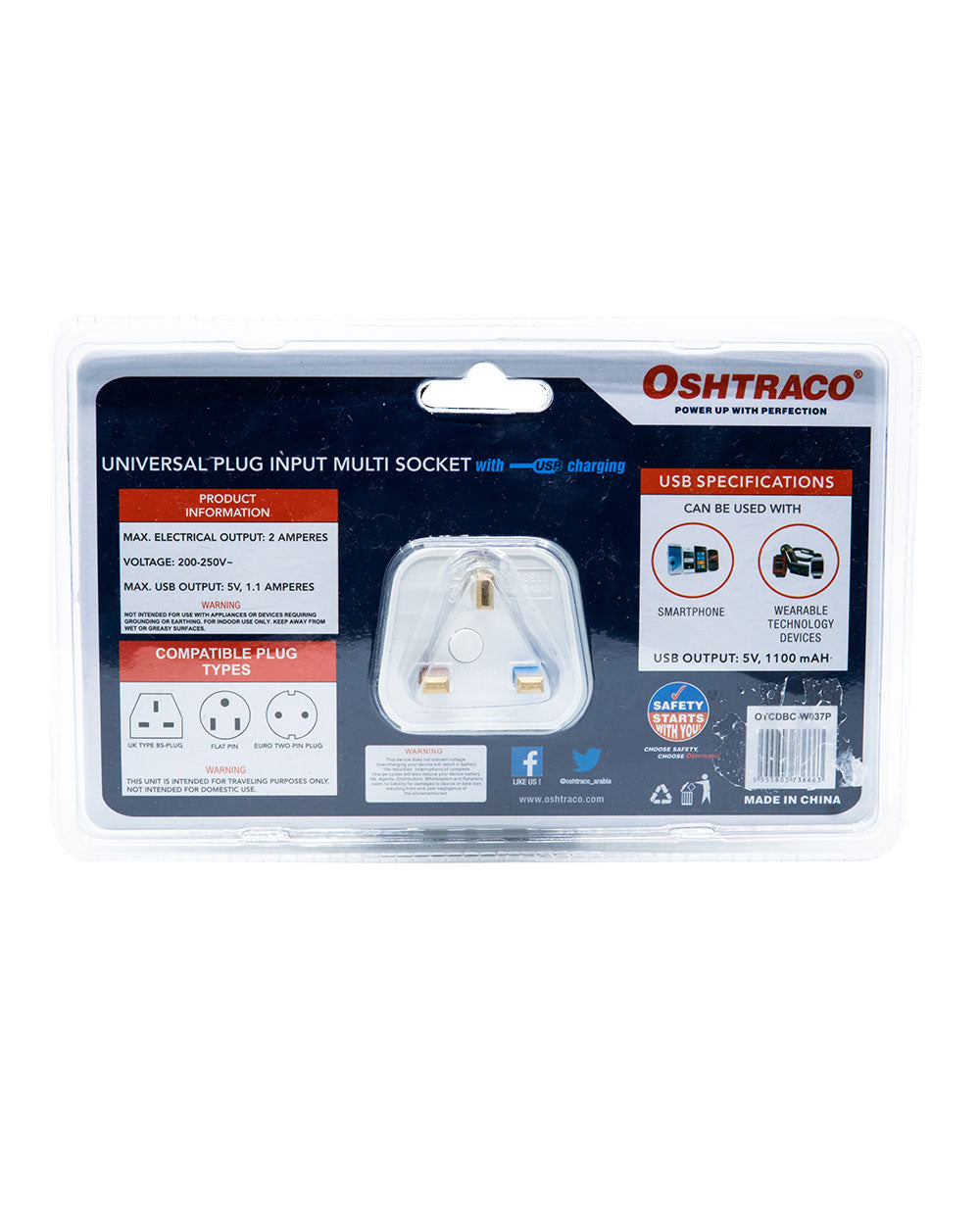 Oshtraco 3 Way Universal Socket With 2X2Pin And 1A Usb Otcw037P