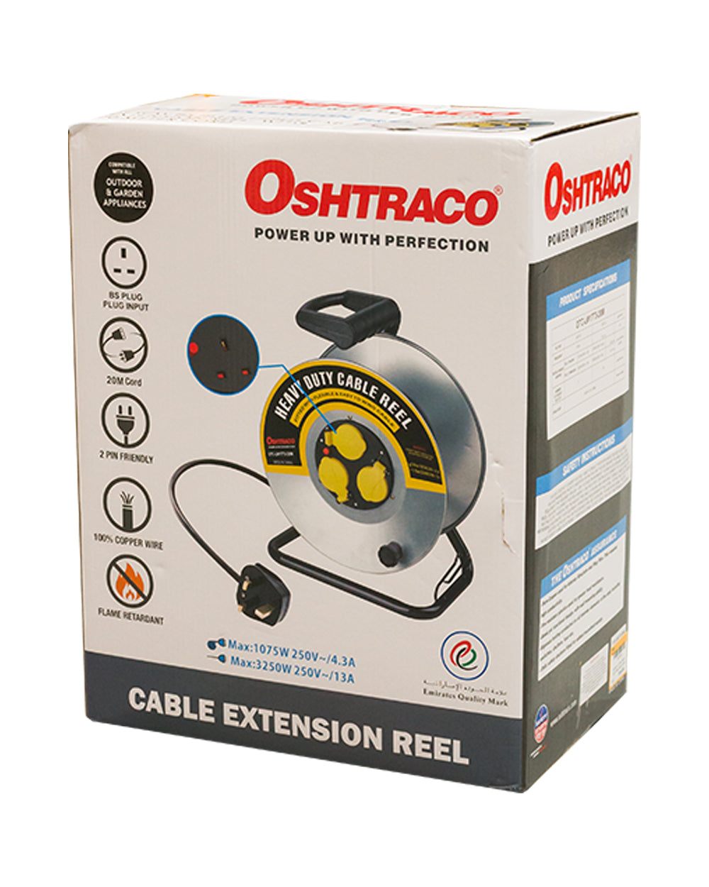 Oshtraco 3 Way Heavy Duty Metal Body Cable Reel 20 Meter