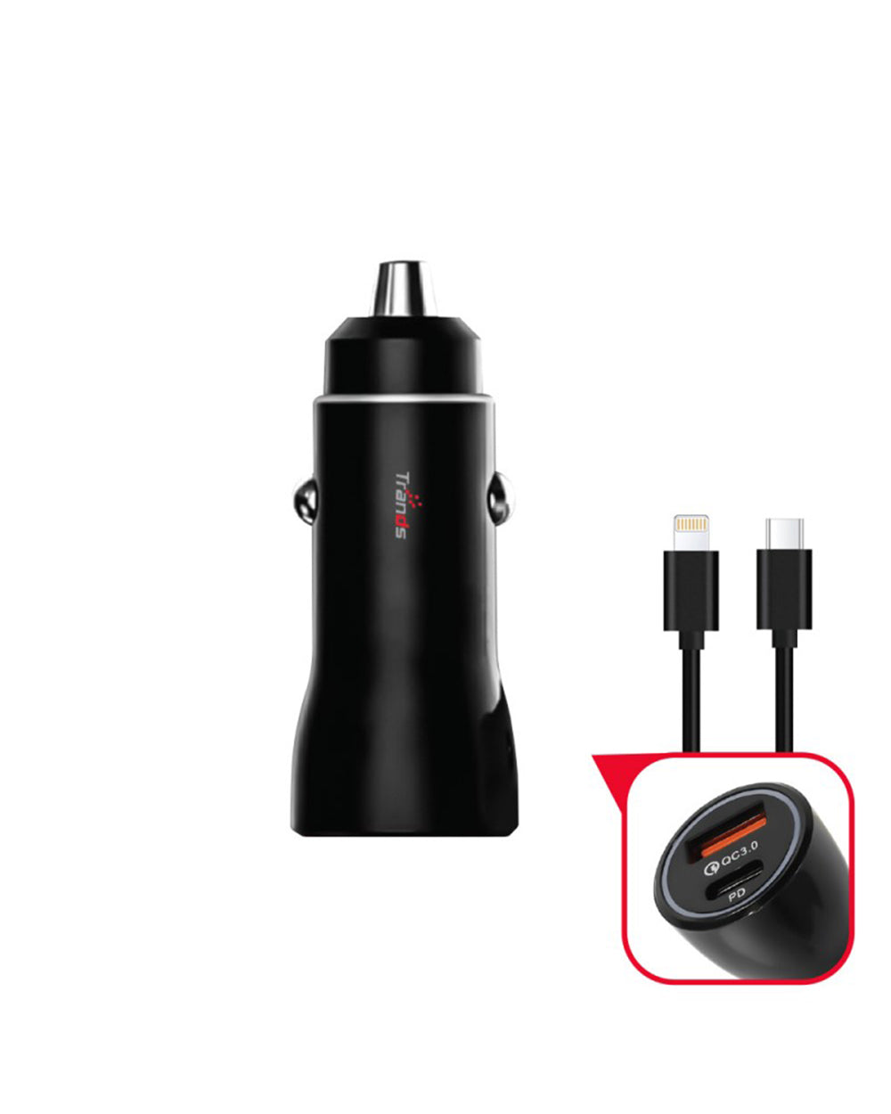 Trands Dual Port Type-C Lightning Car Charger 1 Meter Black