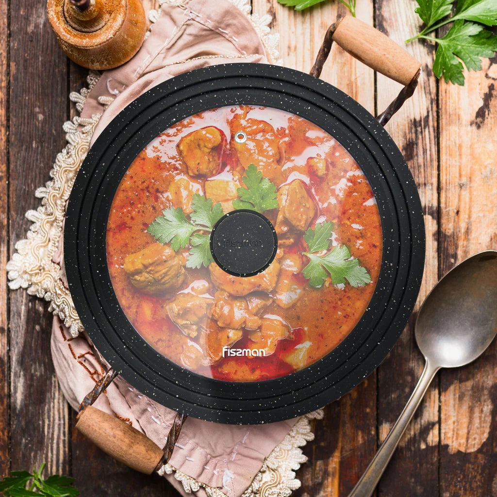 Fissman Multi-Size Lid With Marble Silicone Rim Clear & Black 26/28/30cm