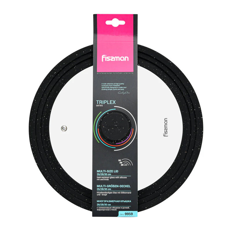 Fissman Multi-Size Lid With Marble Silicone Rim Clear & Black 26/28/30cm