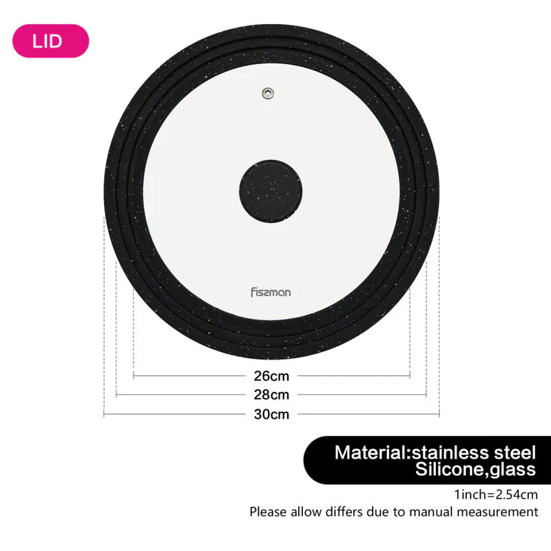 Fissman Multi-Size Lid With Marble Silicone Rim Clear & Black 26/28/30cm