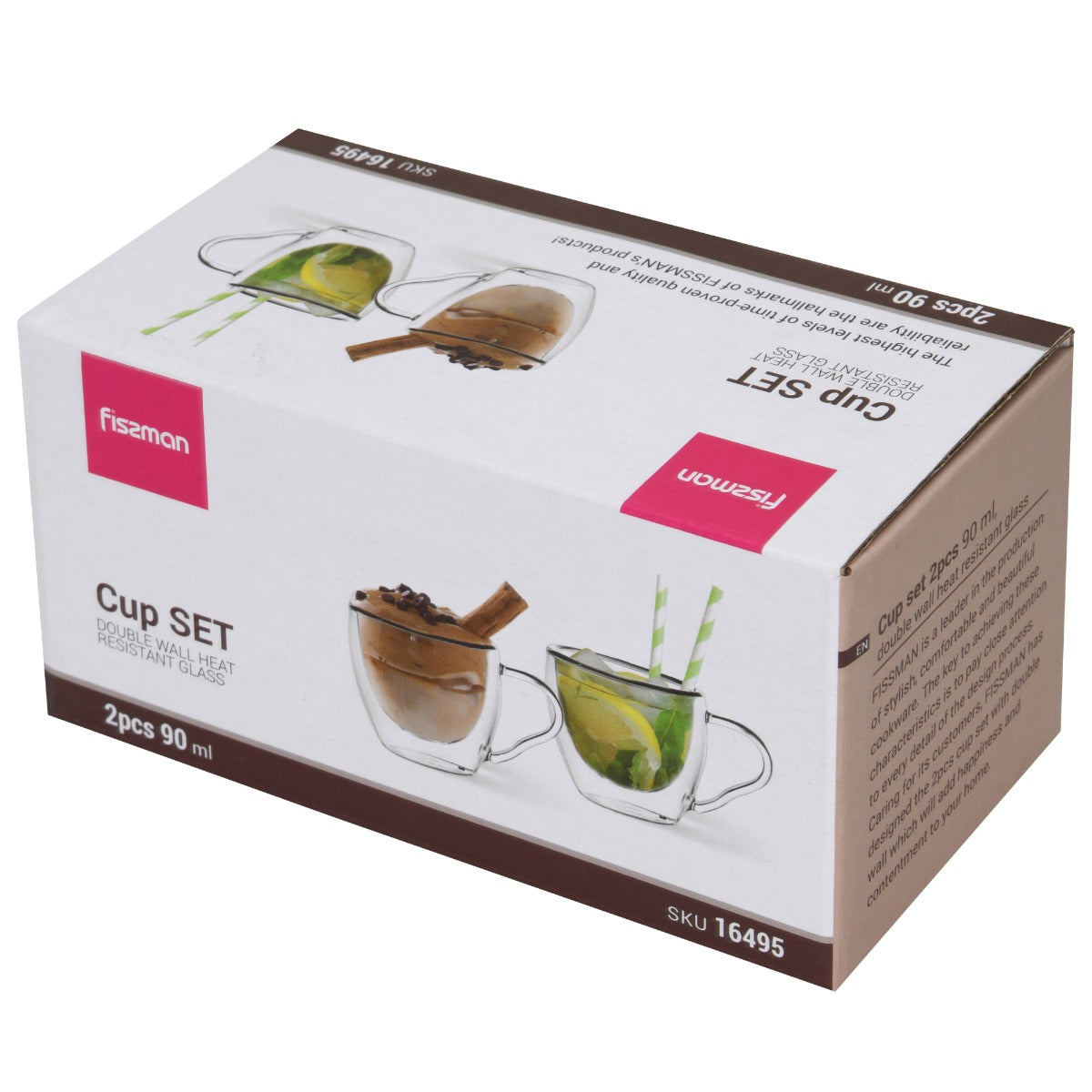 Fissman Set of 2 Double Wall Cups 90ML Borosilicate Glass