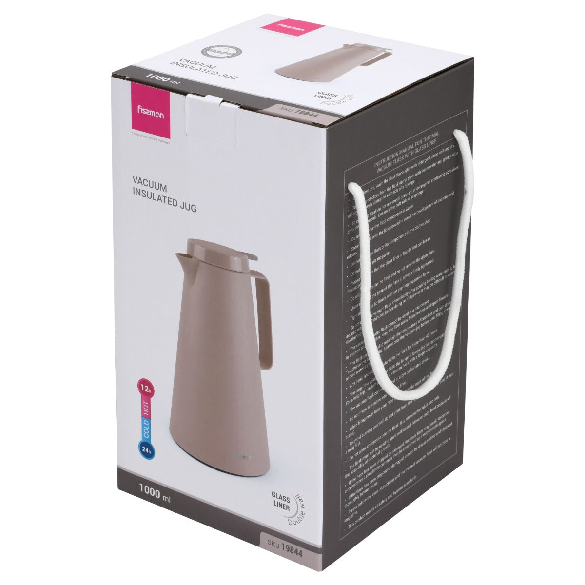 Fissman Vacuum Insulated Flask 1000 ML Mocha Cream With Pink Glass Liner