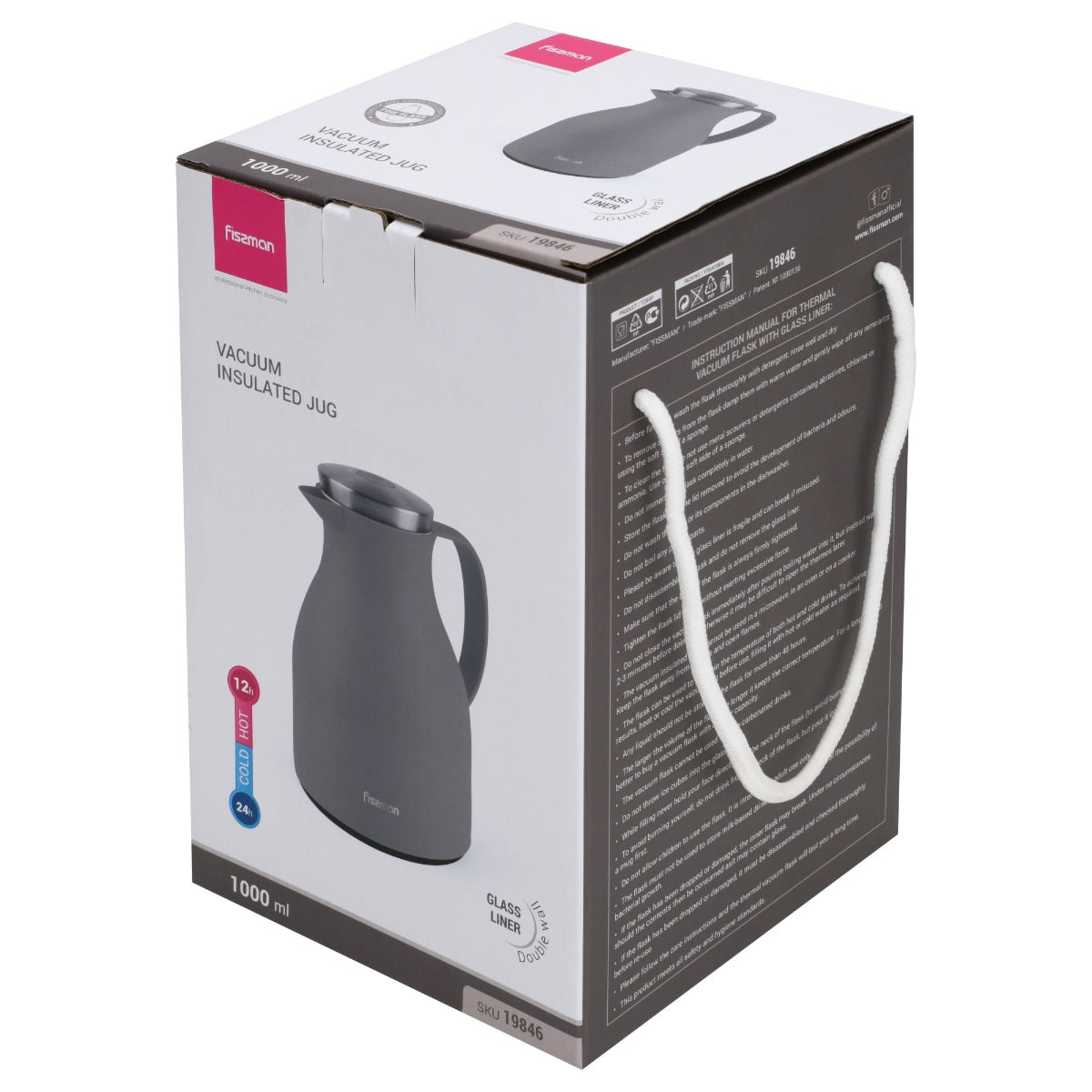 Fissman Vacuum Insulated Flask 1000 ML Grey With Pink Glass Liner