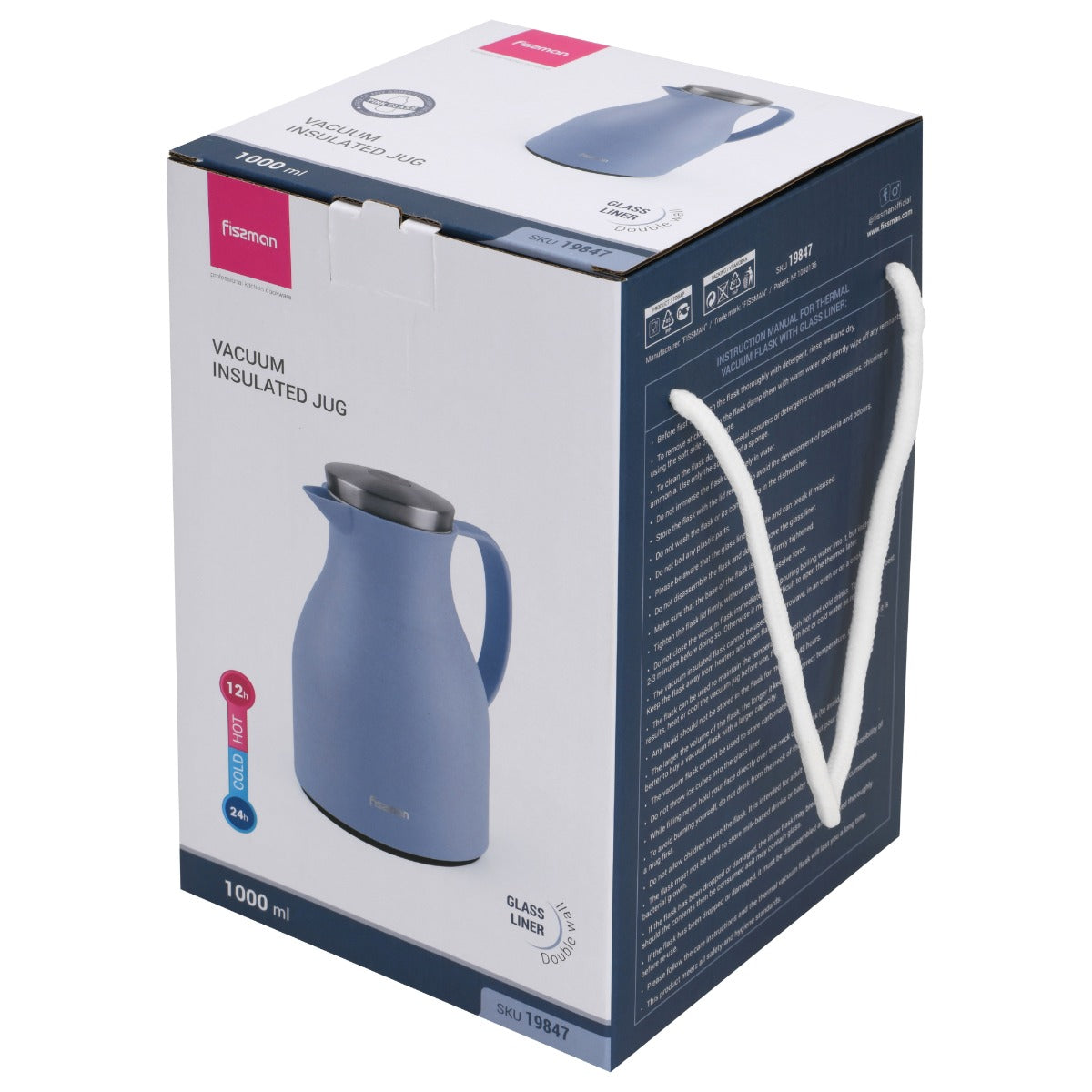Fissman Vacuum Insulated Flask 1000 ML Blue With Pink Glass Liner