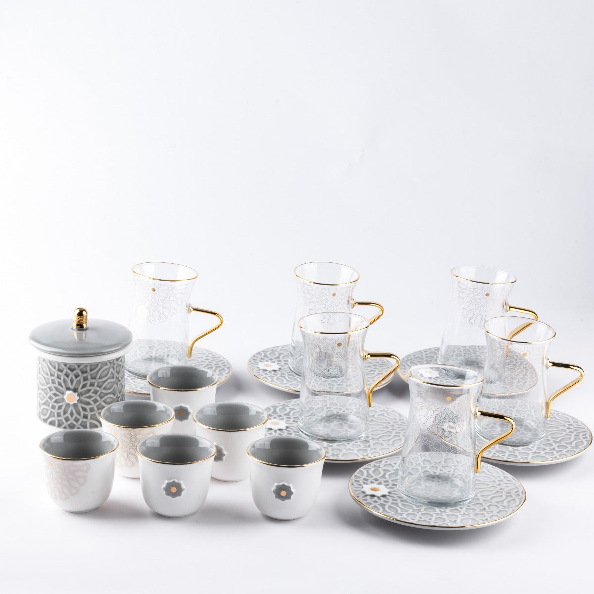 Otantik Asalah Set Of 6 Cups And 6 Saucers And 6 Arabic Coffee Cups And Sugar Pot Grey Gold