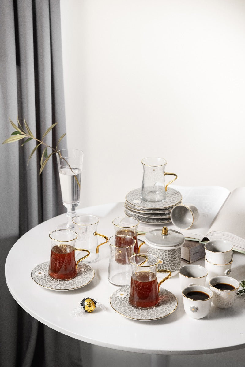 Otantik Asalah Set Of 6 Cups And 6 Saucers And 6 Arabic Coffee Cups And Sugar Pot Grey Gold