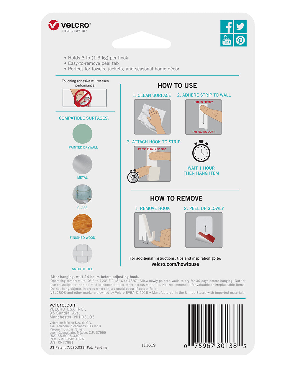 VELCRO HANGables Medium Removable Wall Hooks 2 Count White