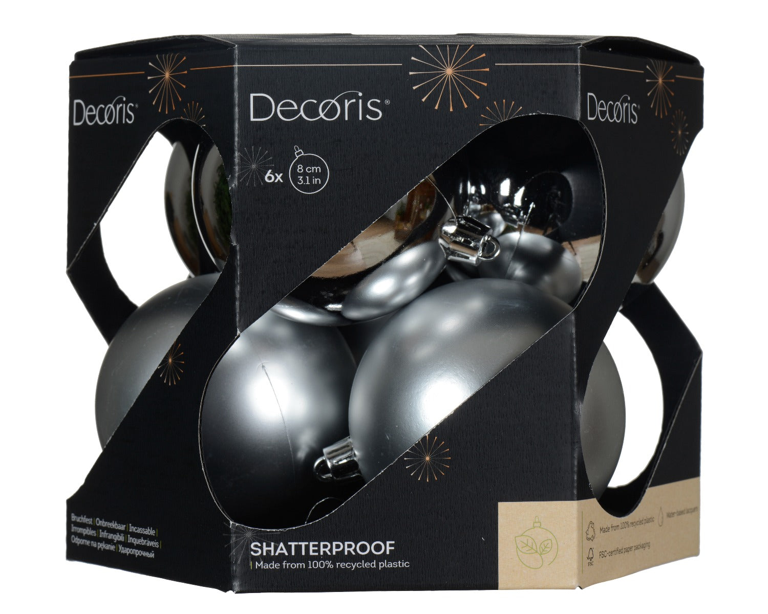 Homesmiths Baubles Shatterproof Shiny Matt Mix Silver 8cm