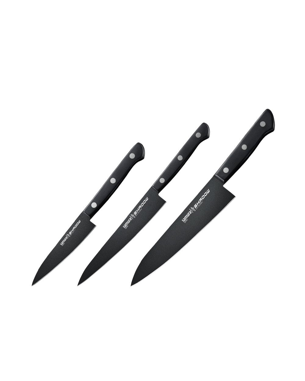 Samura Shadow Kitchen Knives with Black Non Stick Coating Set Of 3 Paring, Utility & Chef's Knife