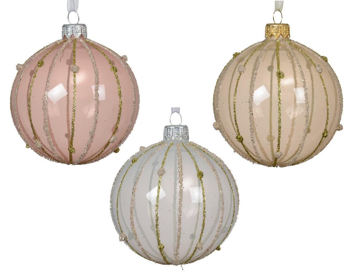 Homesmiths Bauble Glass Transparent Enamel Vertical Glitter Line Assorted Color 8cm
