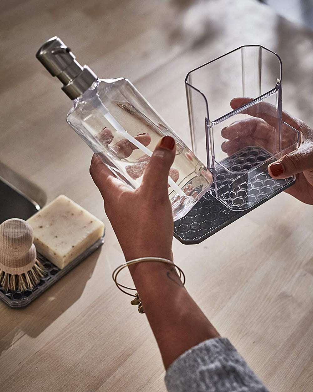 Spectrum Hexa Sink Sponge & Brush Organizer with Soap Pump