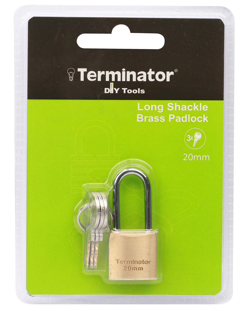 Terminator brand Long Shackle Brass Pad lock 20mm with 3 keys
