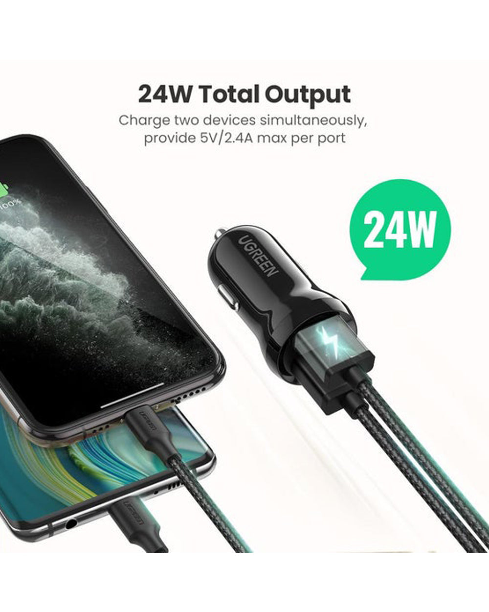 UGREEN Dual USB-A 24W Car Charger Black