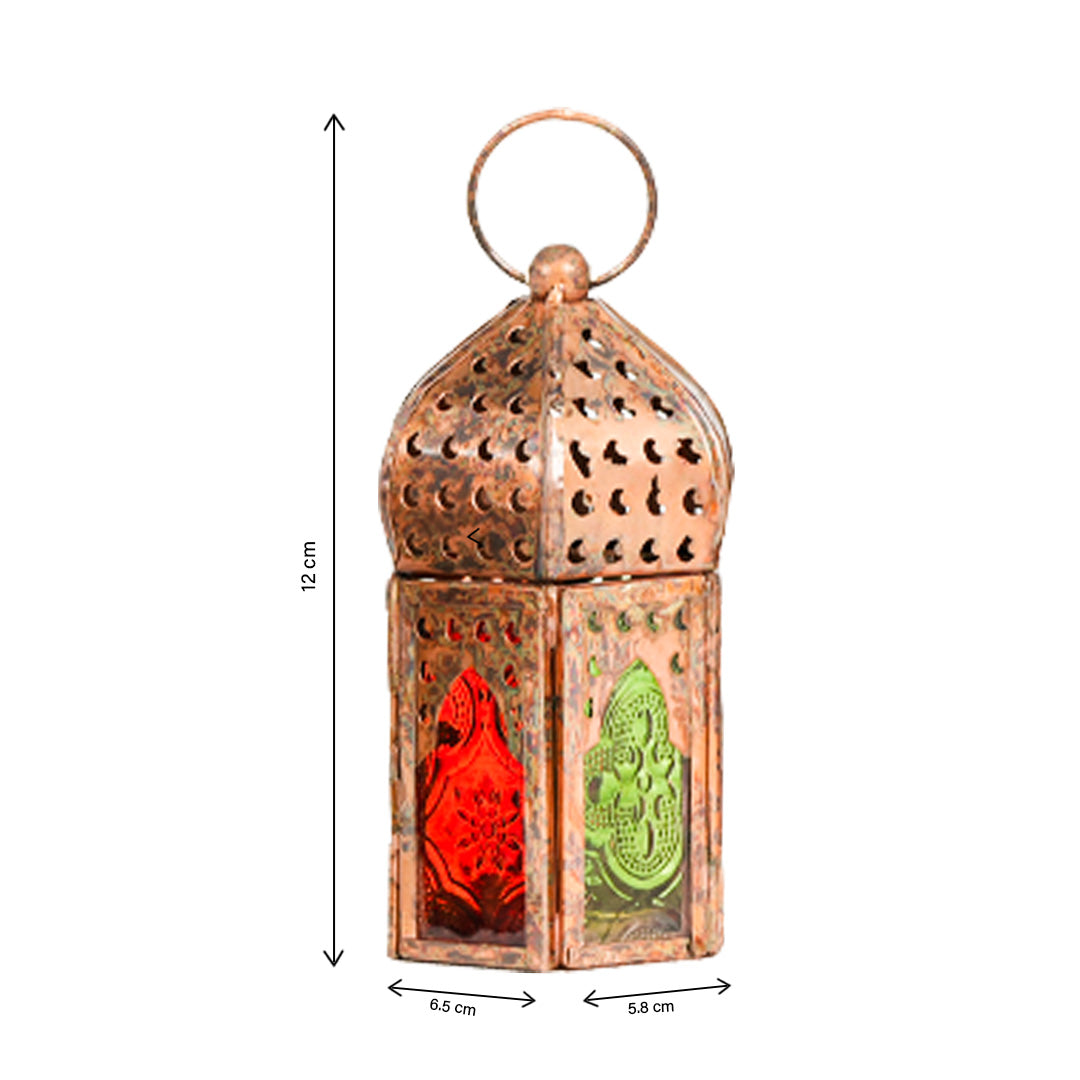 Hilalful Mini Copper Antique Style Lanterns MultiColor Glass Set of 6