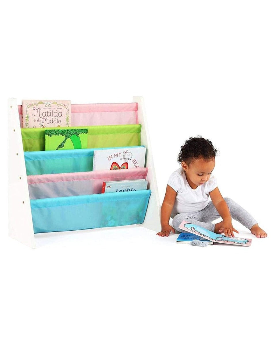 Homesmiths 5 Shelf Book Rack Wood Melamine (White) With 5 Pastel Color Fabric, D30cm x W65cm x H65cm