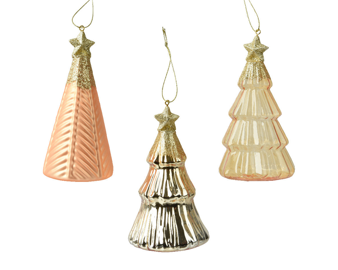 Homesmiths Tree Glass With Star On Top With Gold Glitter 3 Assorted Light Gold