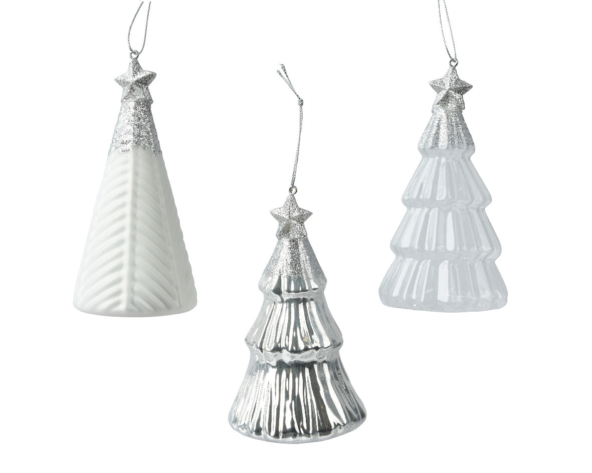 Homesmiths Tree Glass With Star On Top With Silver Glitter Assorted Winter White