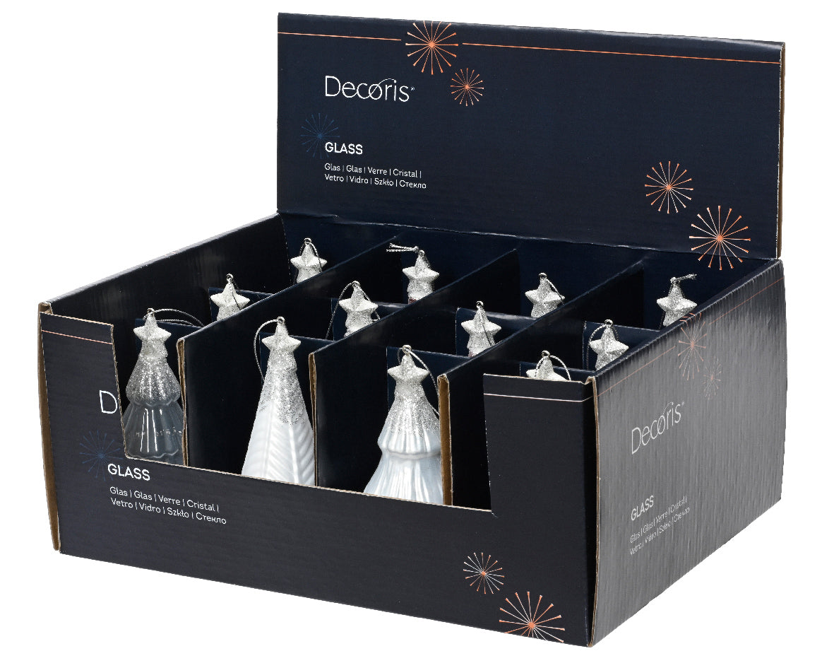 Homesmiths Tree Glass With Star On Top With Silver Glitter Assorted Winter White
