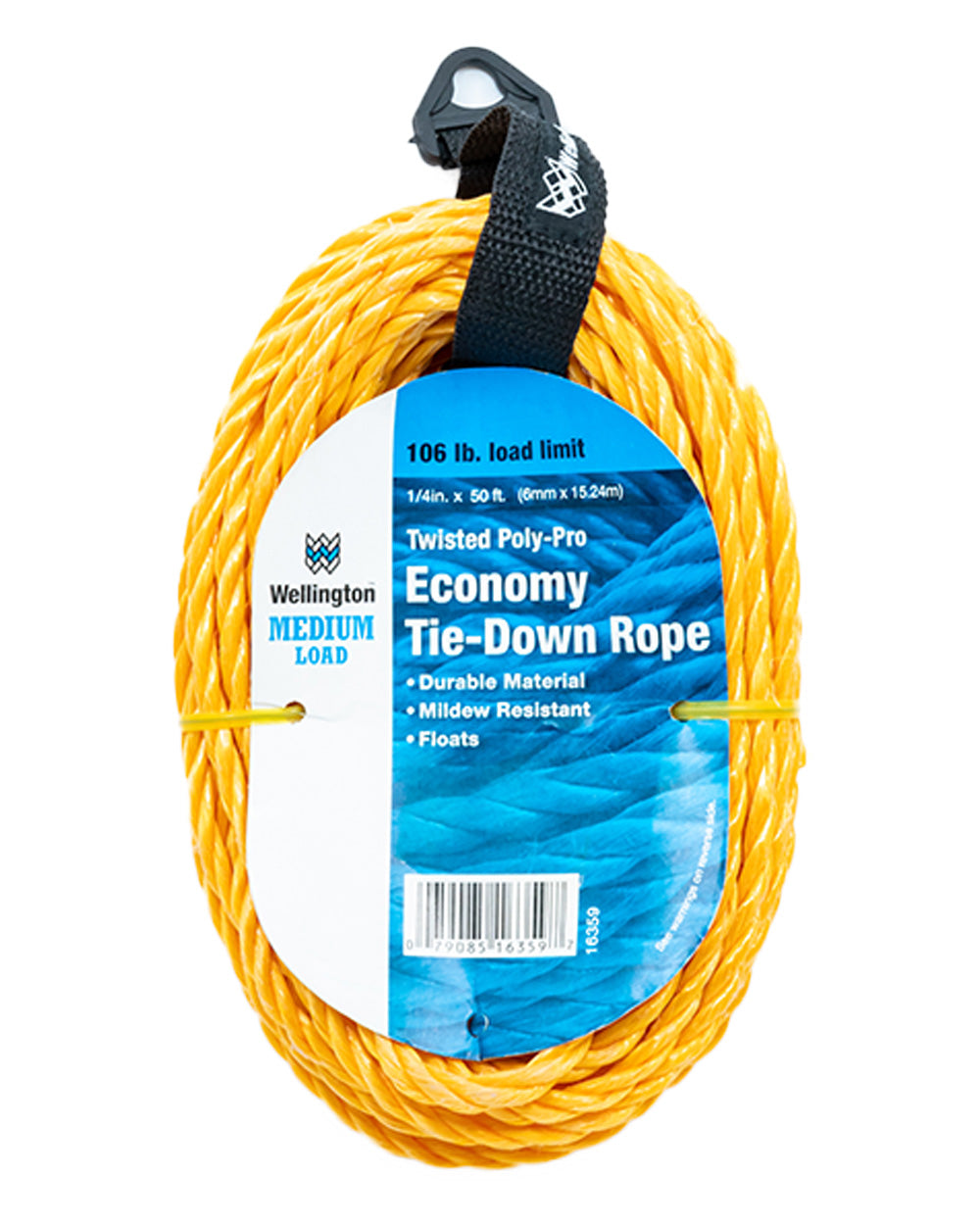Wellington Cordage 1/4"x50' Yellow Poly Rope Twisted