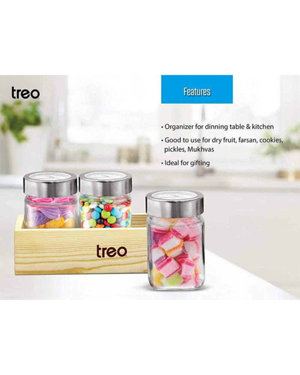 Treo Cuwood Jar 580ML with Wooden Tray Set of 3