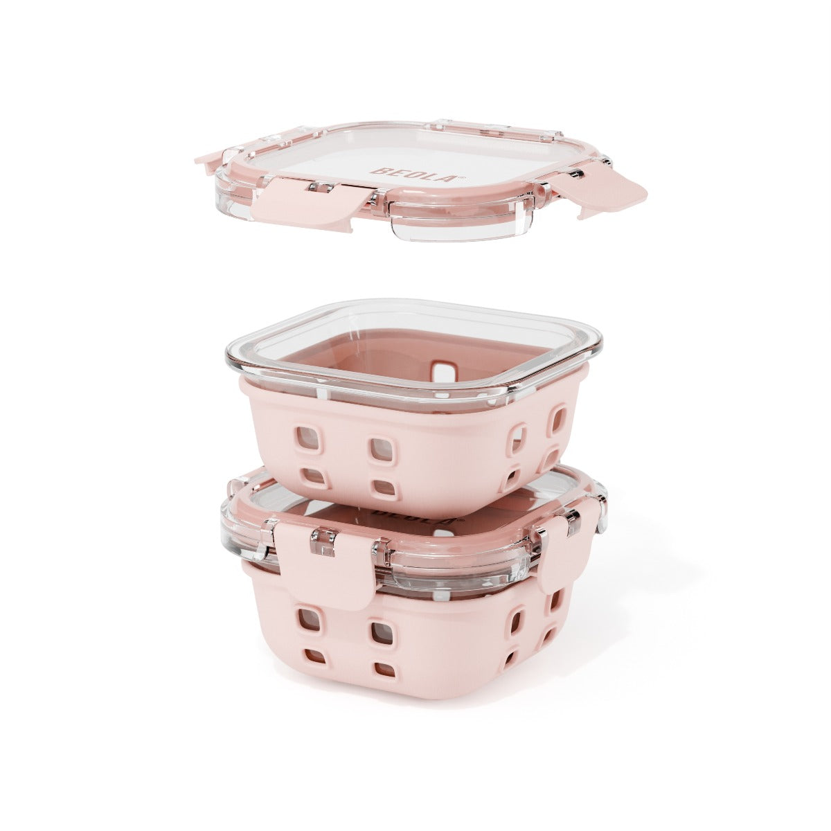 Beola Set Of 2 Glass Food Storage Containers With Silicone Protective Sleeve, 320Ml Blush Pink