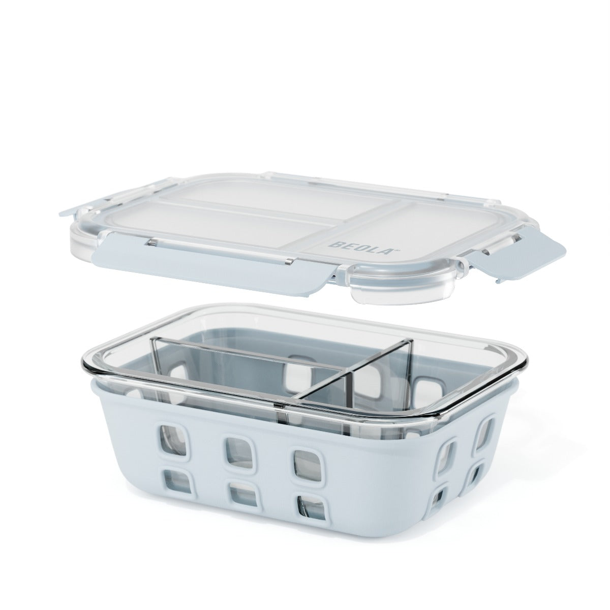 Beola 3 Compartment Glass Food Storage Container With Silicone Protective Sleeve, 1050Ml Ice Blue