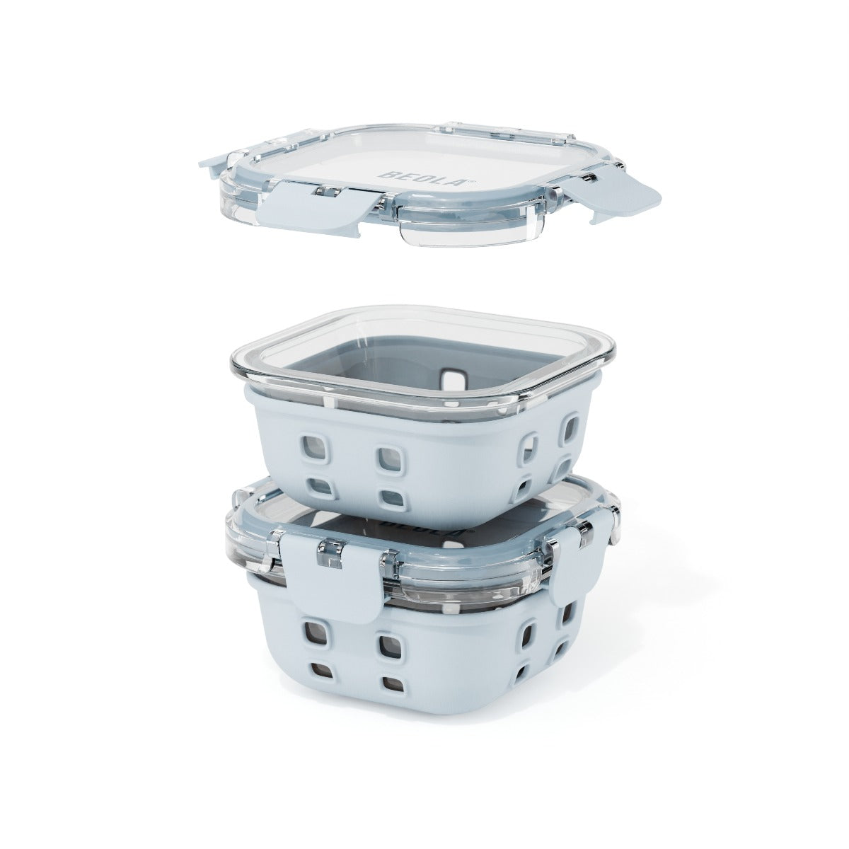 Beola Set Of 2 Glass Food Storage Containers With Silicone Protective Sleeve, 320Ml Ice Blue