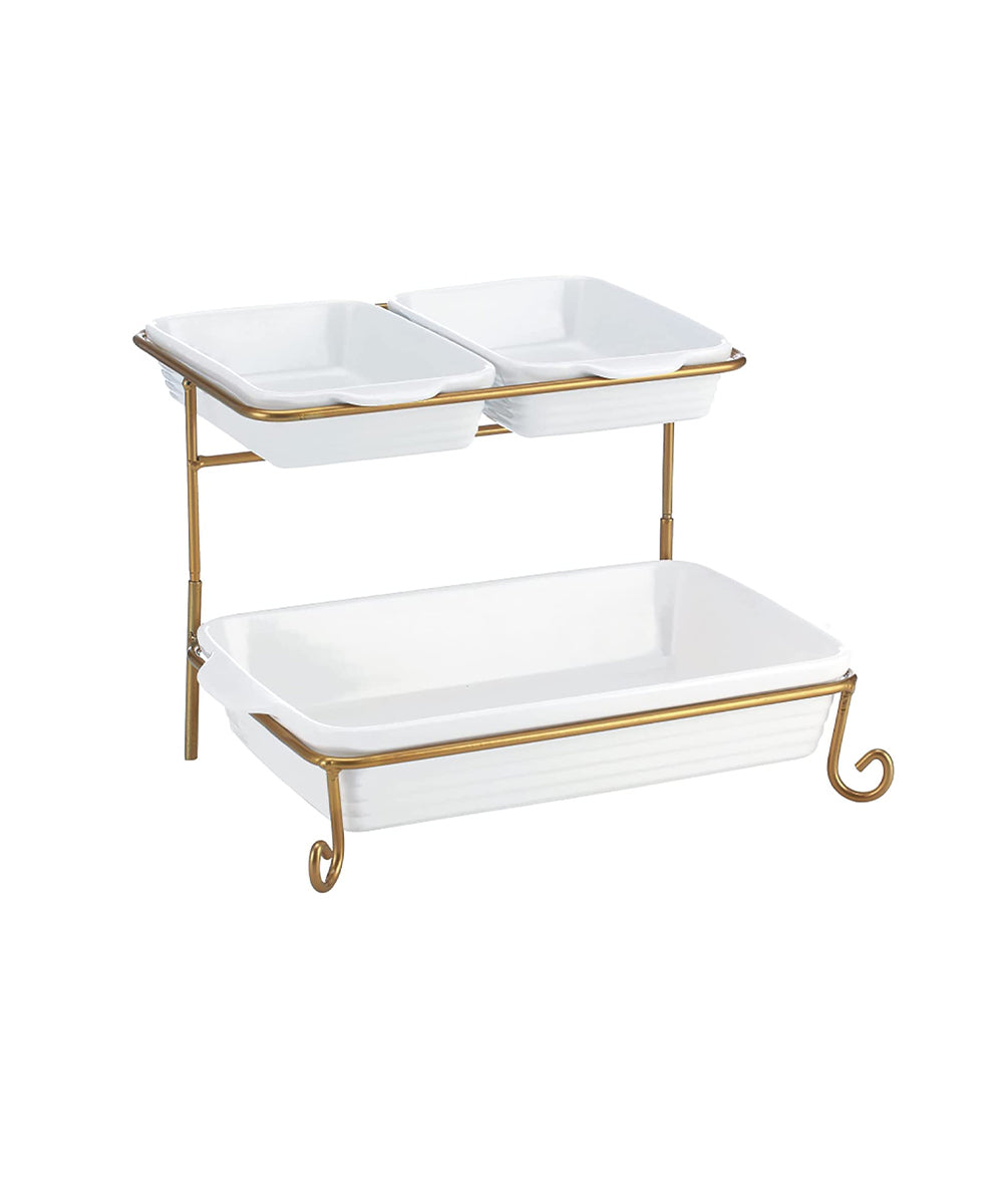 Shallow 2 Tier Rectangle Serving Set with Gold Stand 8 inch & 2 inch