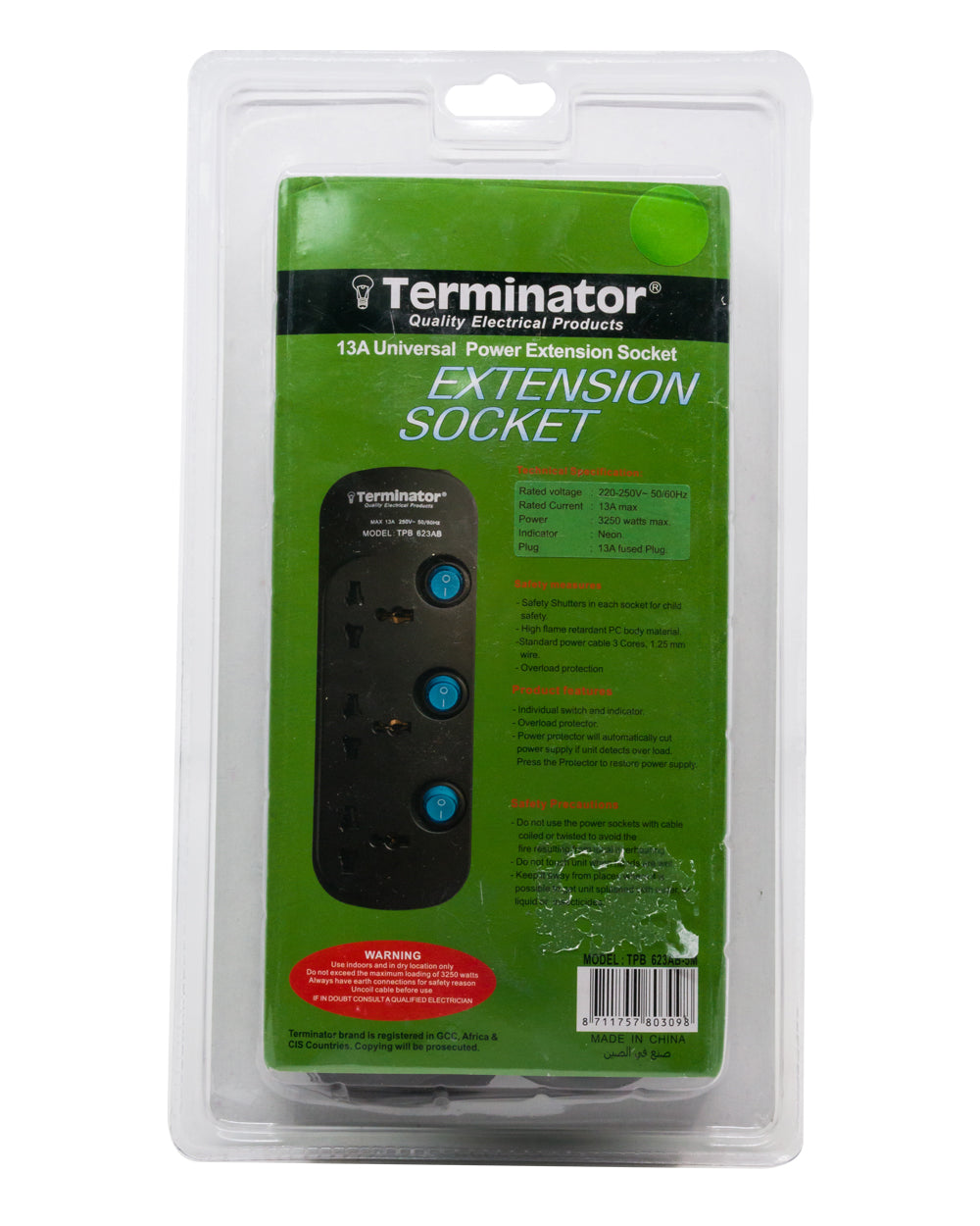 Terminator 3 Way Universal Power Extension Socket 5 Meter