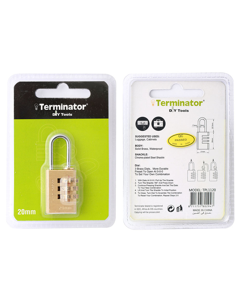 Terminator brand Brass Combination Pad Lock 20mm