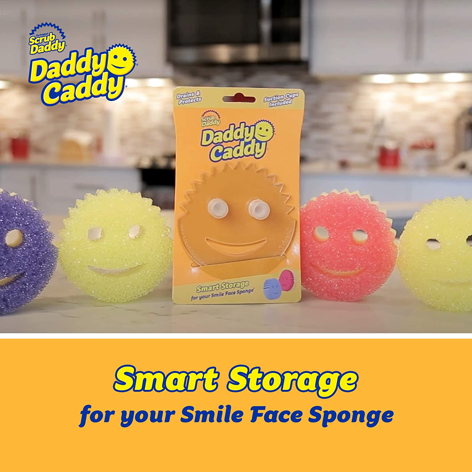 Scrub Daddy Caddy Smiley Face Sponge Holder, With Suction Cups And Smart Storage