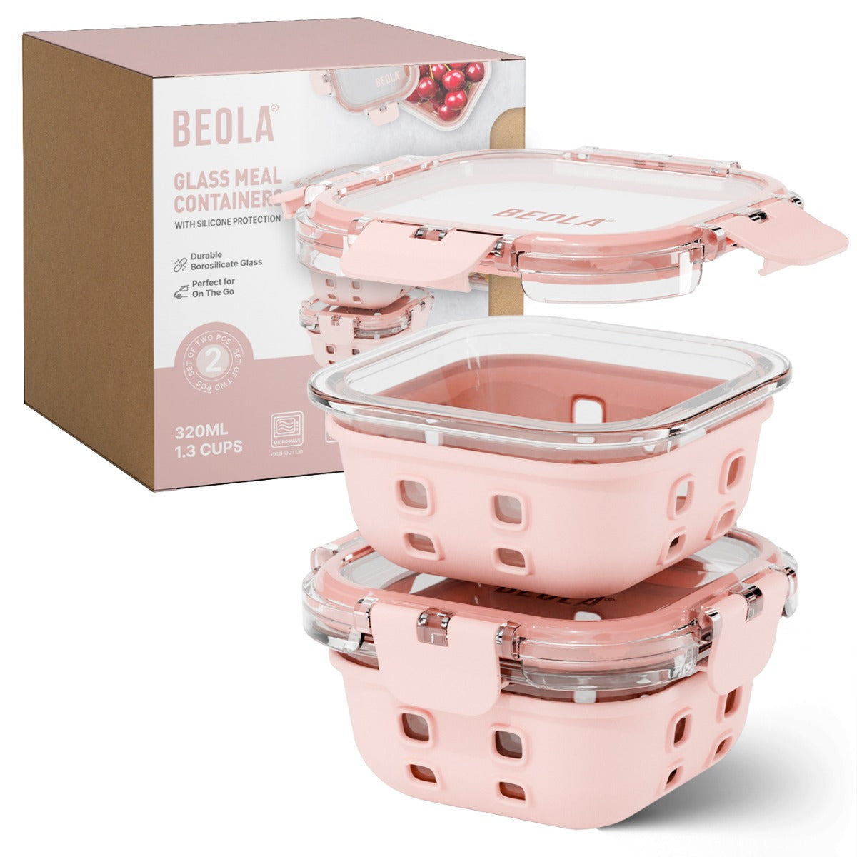 Beola Set Of 2 Glass Food Storage Containers With Silicone Protective Sleeve, 320Ml Blush Pink