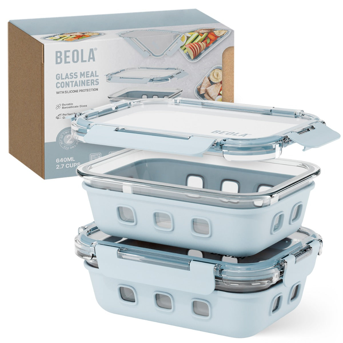 Beola Set Of 2 Glass Food Storage Containers With Silicone Protective Sleeve,  640Ml Ice Blue